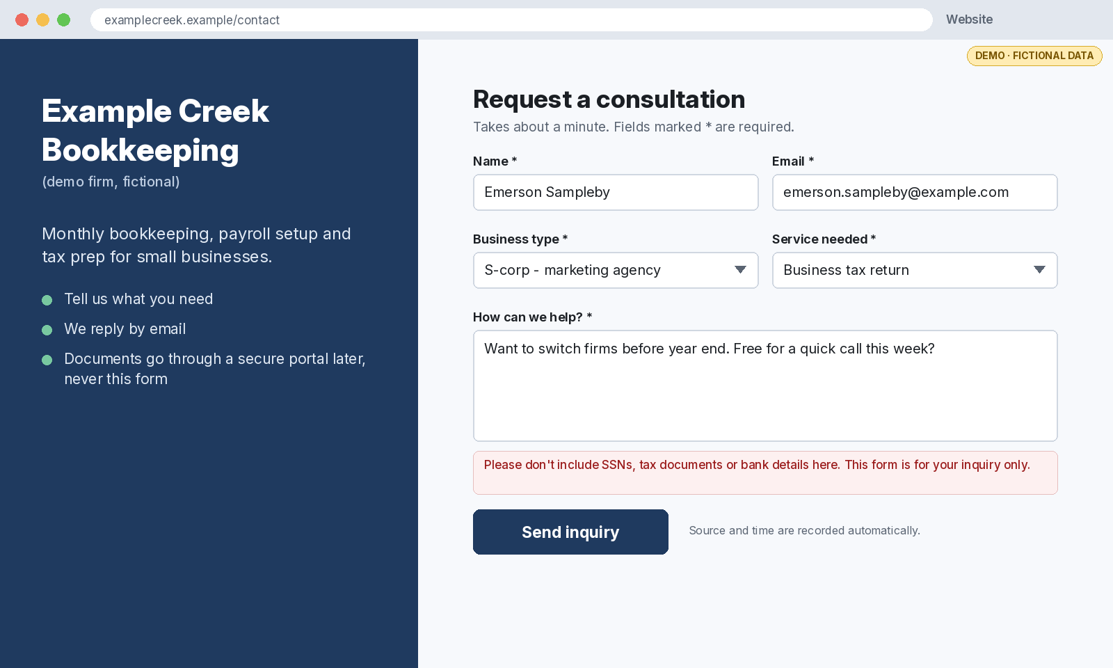 Website inquiry form with name, email, business type, service needed and message fields