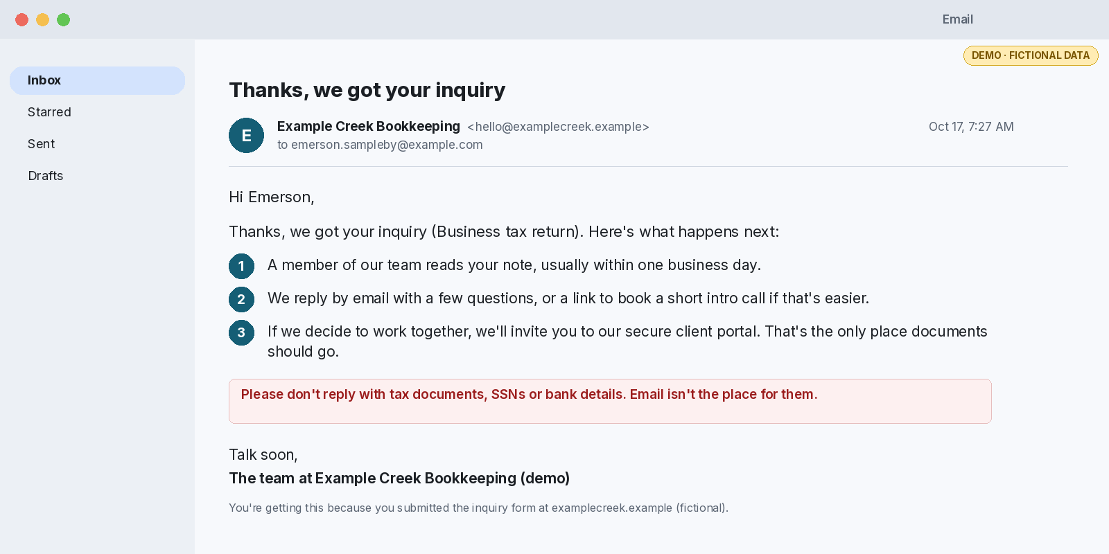 Auto-reply email telling the sender what happens next